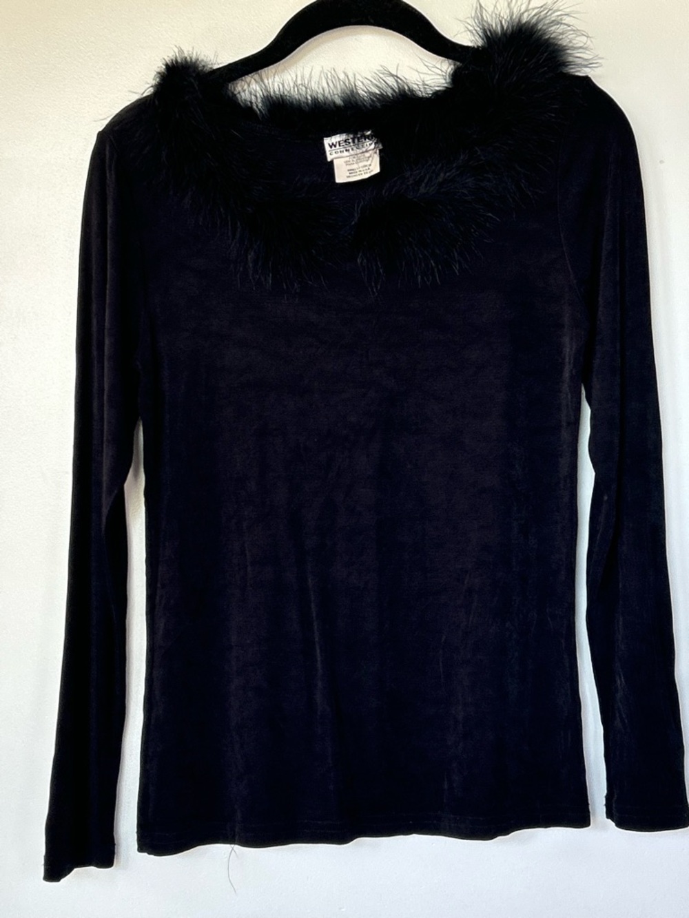 Western Connection Vintage Black Feather Collar Long Sleeve Top